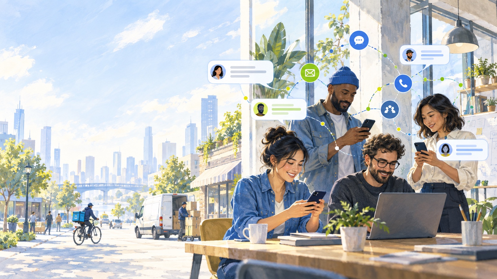 People messaging in a bright city workspace
